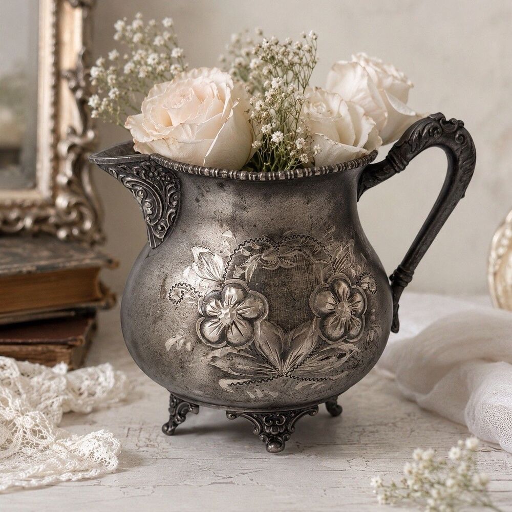 Antique New Amsterdam Silver Co Quadruple Plate Creamer Pitcher 4" Floral #616
